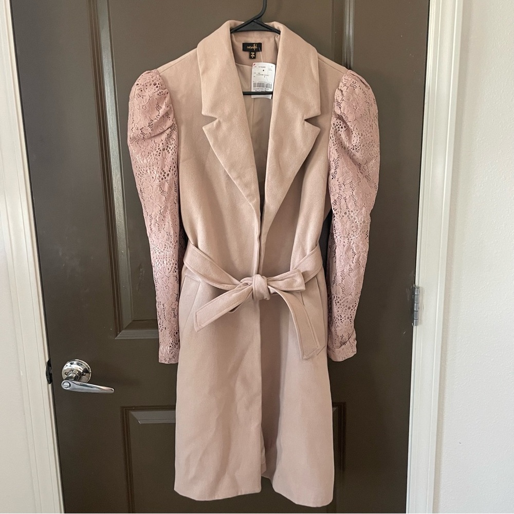 OnTwelth Elegant Long Pink Lace Sleeve Women's Coat with Tie Waist Size Small
